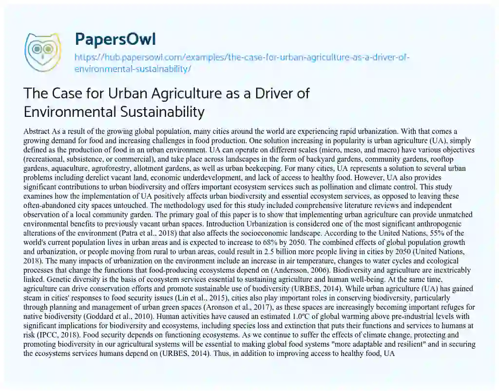 Essay on The Case for Urban Agriculture as a Driver of Environmental Sustainability