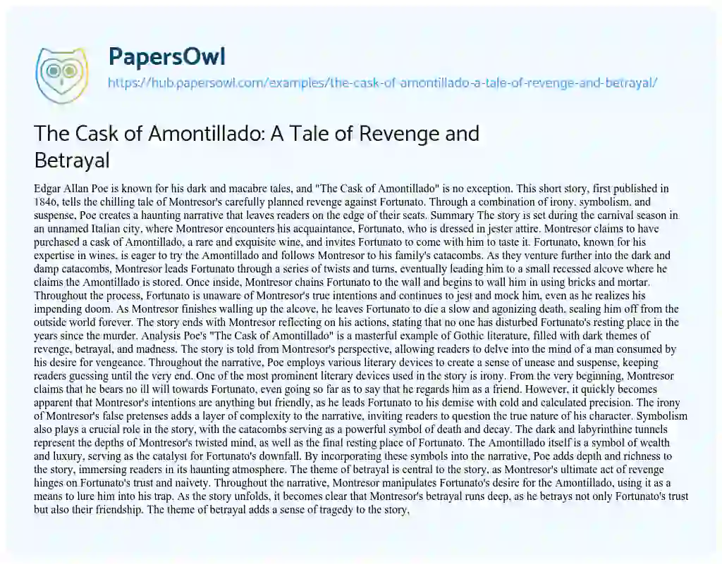 Essay on The Cask of Amontillado: A Tale of Revenge and Betrayal