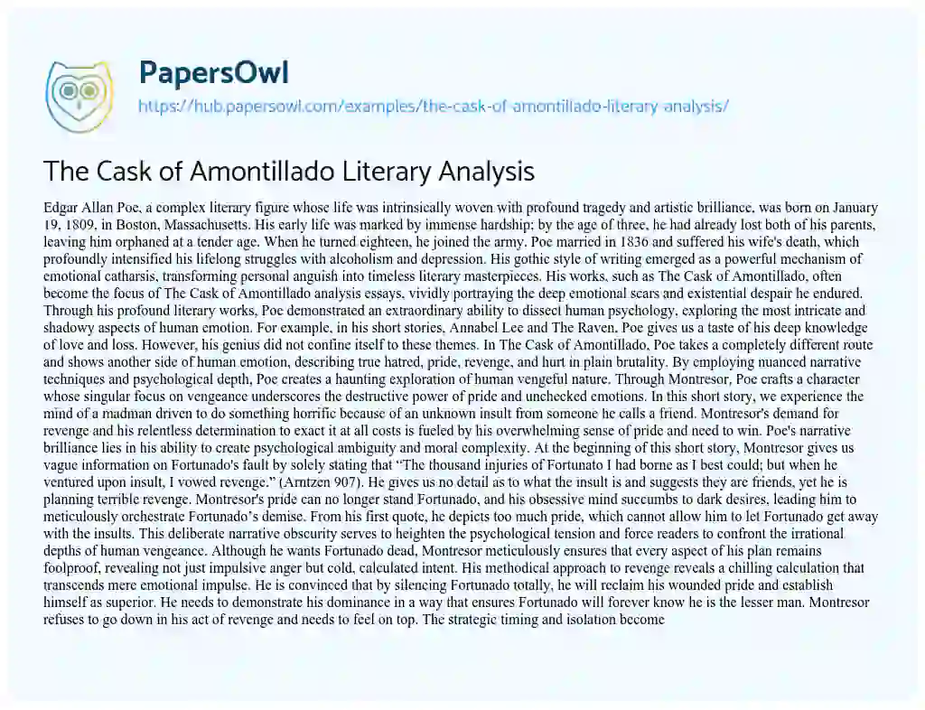 Essay on The Cask of Amontillado Literary Analysis