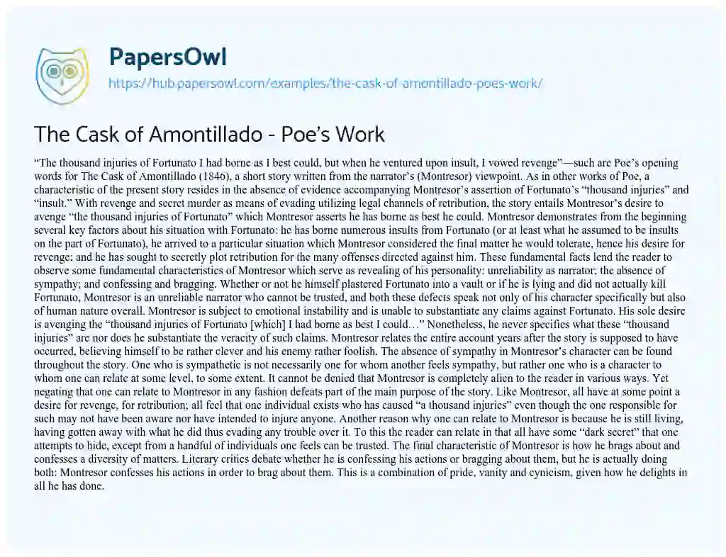 Essay on The Cask of Amontillado – Poe’s Work