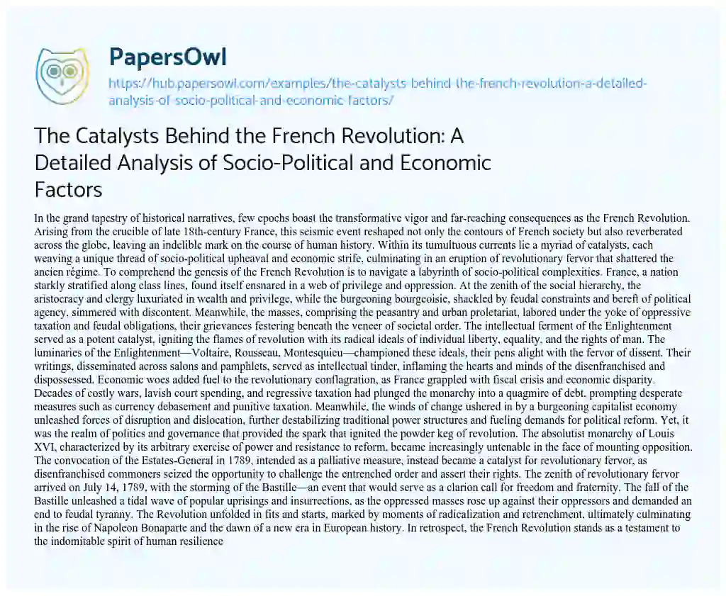 Essay on The Catalysts Behind the French Revolution: A Detailed Analysis of Socio-Political and Economic Factors