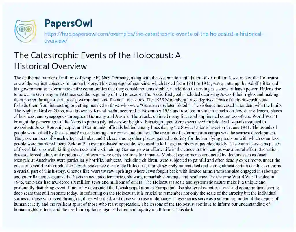 Essay on The Catastrophic Events of the Holocaust: A Historical Overview