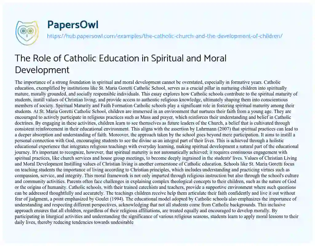 Essay on The Role of Catholic Education in Spiritual and Moral Development