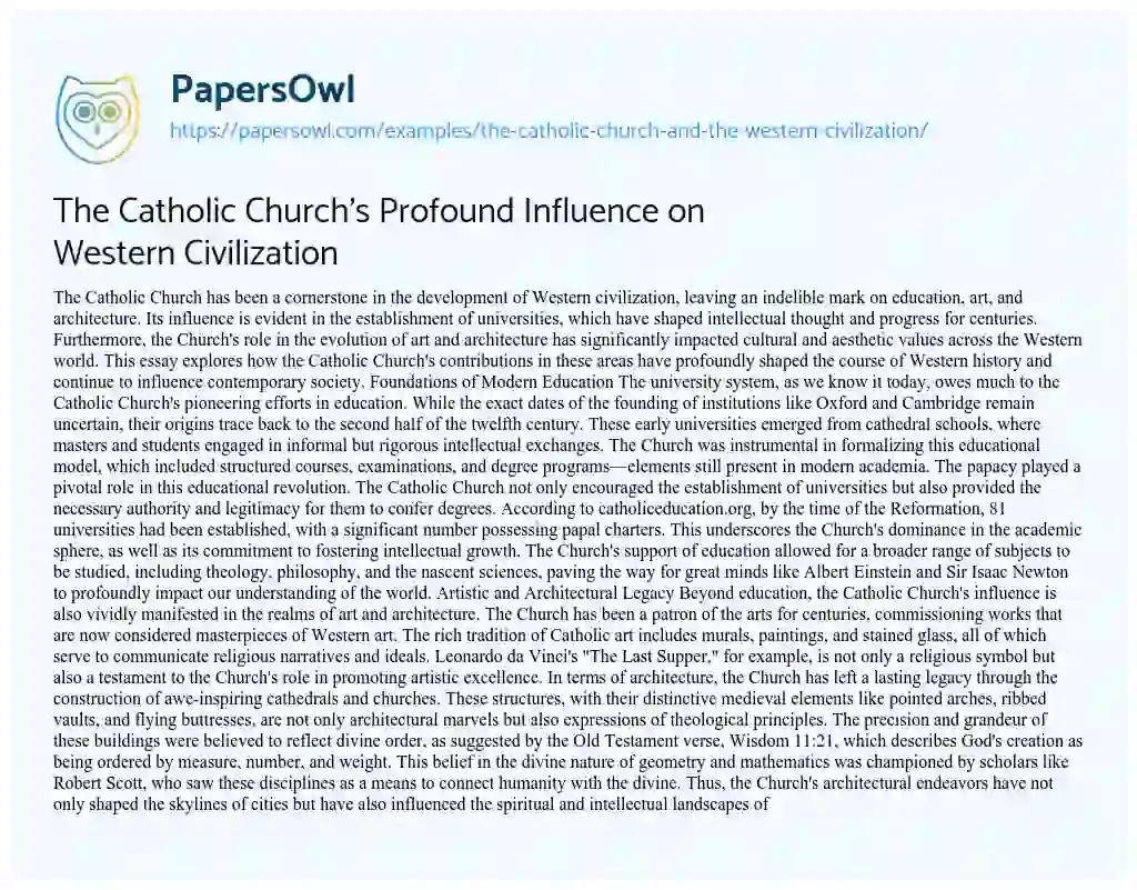 Essay on The Catholic Church’s Profound Influence on Western Civilization