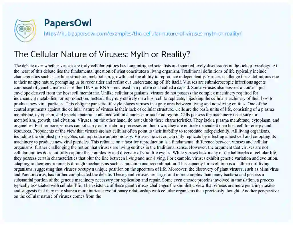Essay on The Cellular Nature of Viruses: Myth or Reality?