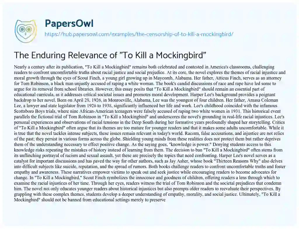 Essay on The Enduring Relevance of “To Kill a Mockingbird”