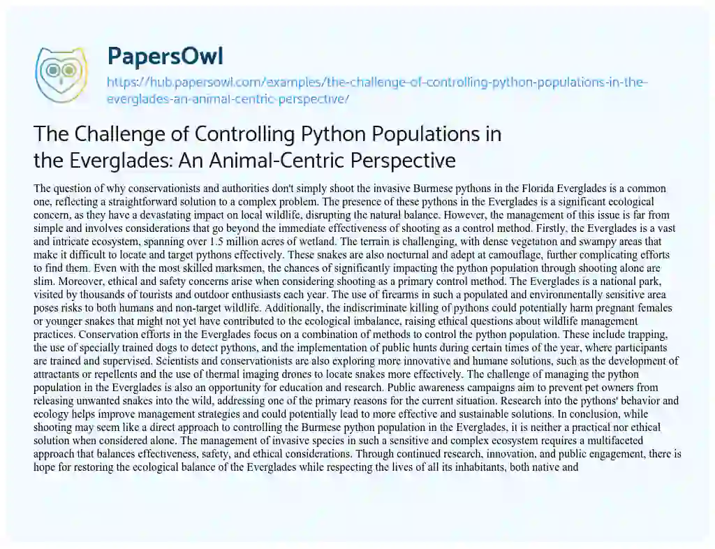 Essay on The Challenge of Controlling Python Populations in the Everglades: An Animal-Centric Perspective