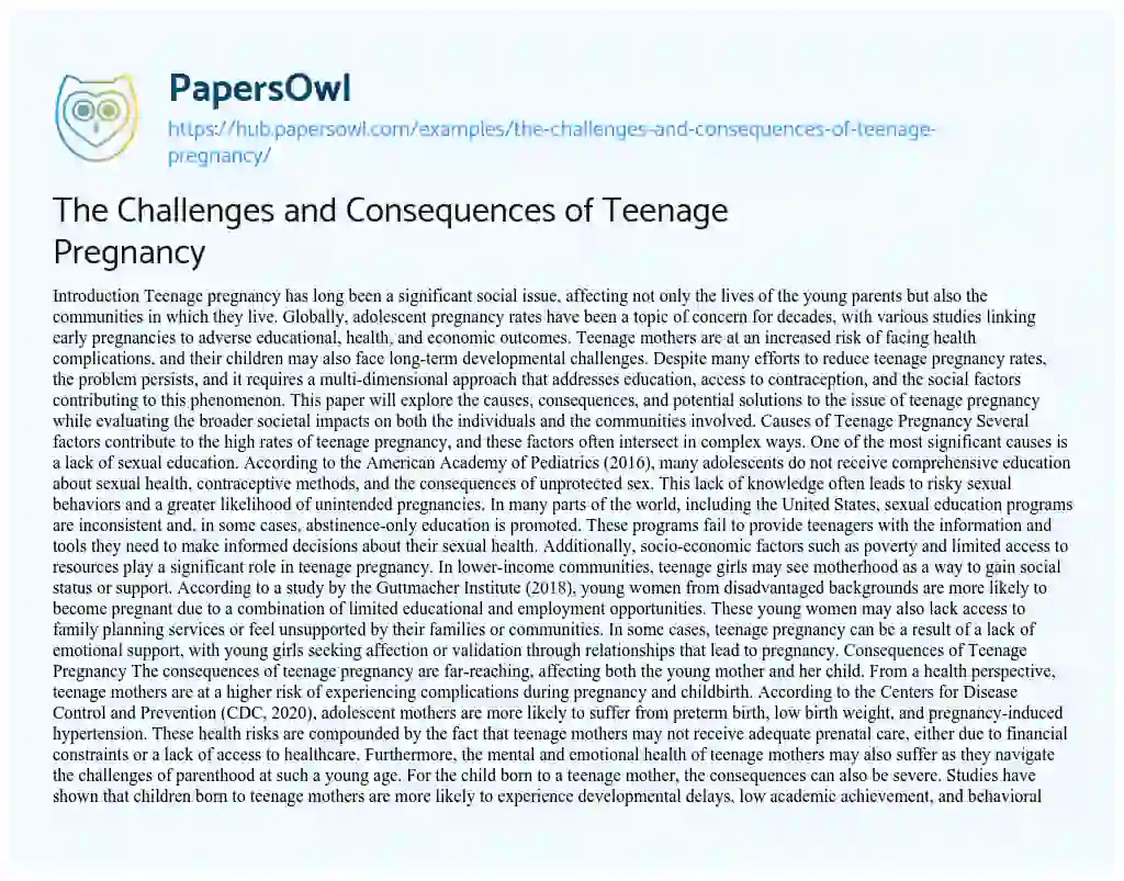 Essay on The Challenges and Consequences of Teenage Pregnancy