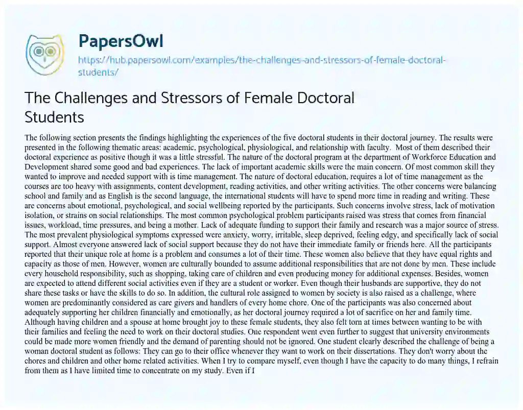 Essay on The Challenges and Stressors of Female Doctoral Students