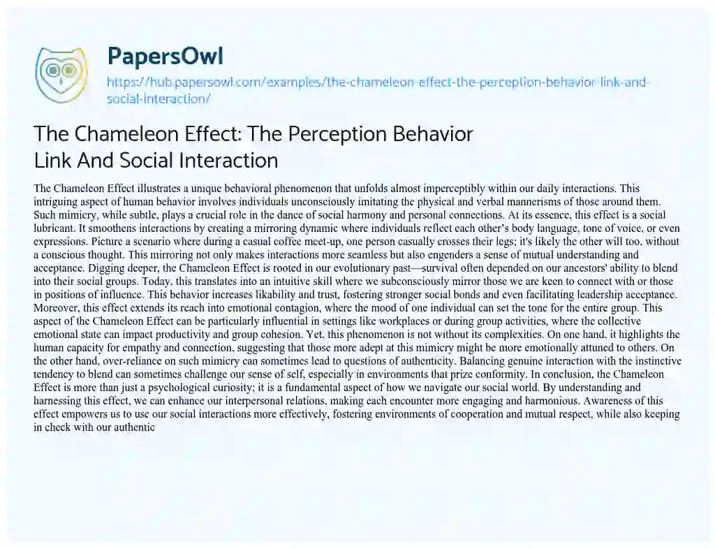 Essay on The Chameleon Effect: The Perception Behavior Link And Social Interaction