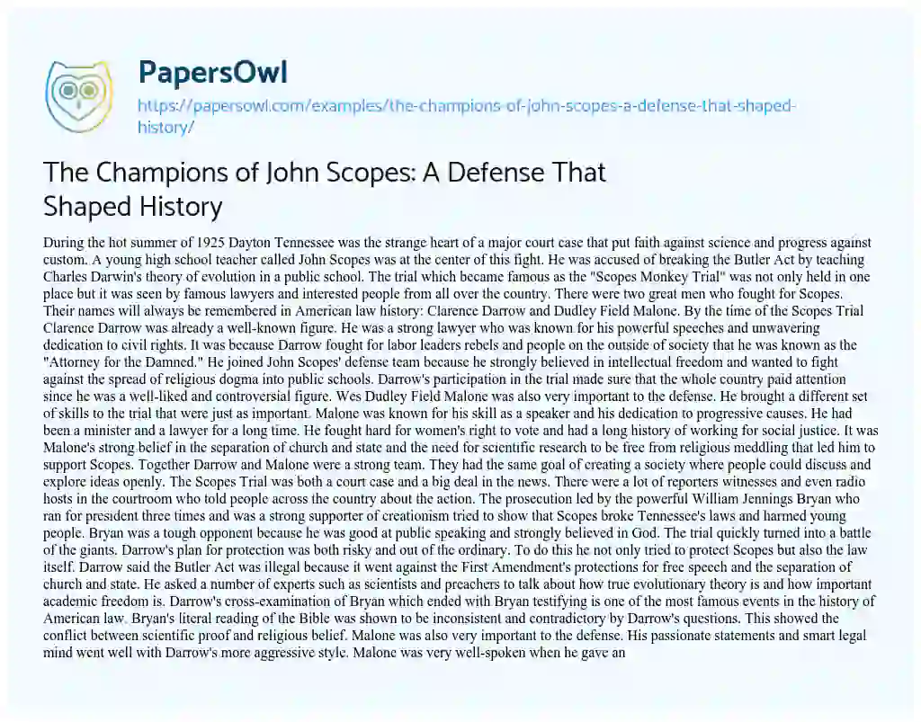 Essay on The Champions of John Scopes: A Defense That Shaped History