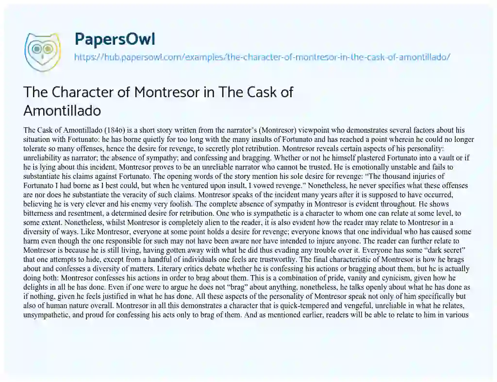 Essay on The Character of Montresor in The Cask of Amontillado