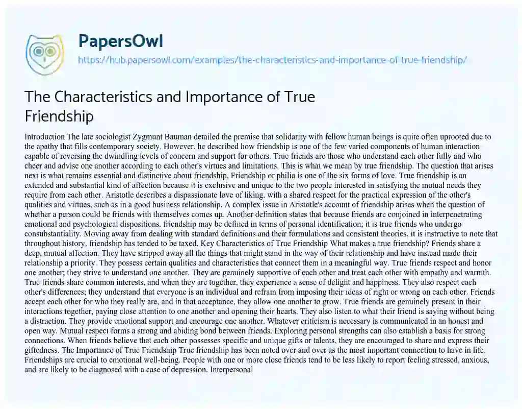 Essay on The Characteristics and Importance of True Friendship