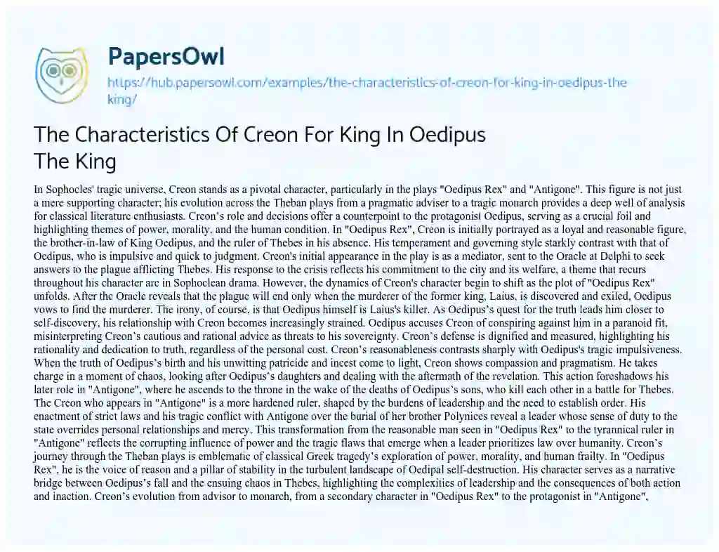 Essay on The Characteristics Of Creon For King In Oedipus The King