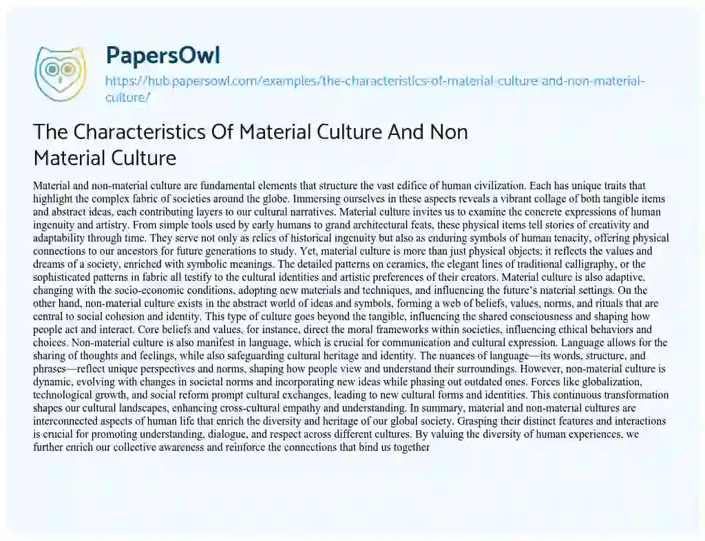 Essay on The Characteristics Of Material Culture And Non Material Culture