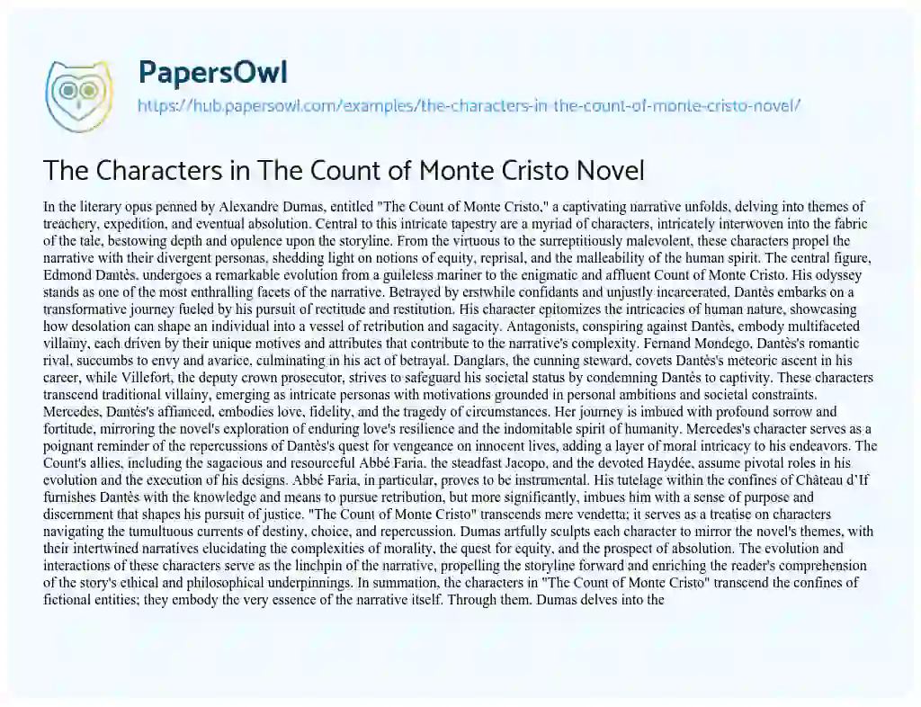 Essay on The Characters in The Count of Monte Cristo Novel