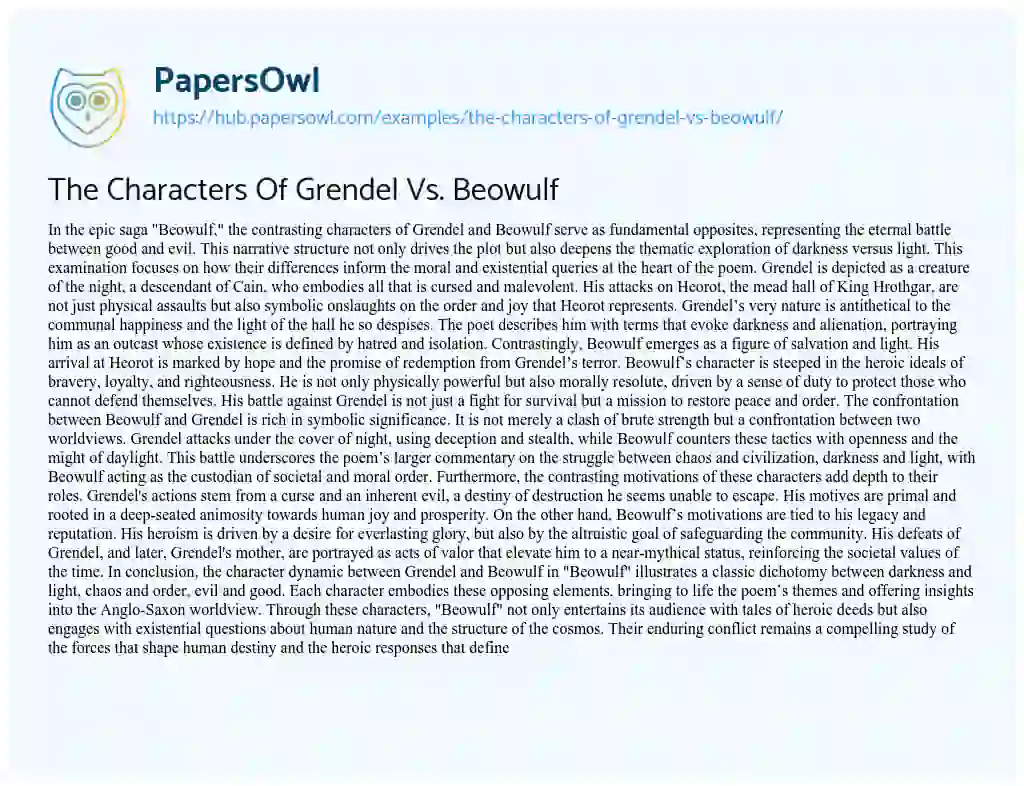 Essay on The Characters Of Grendel Vs. Beowulf