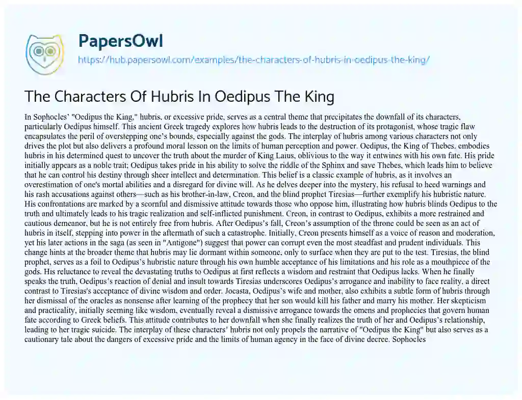 Essay on The Characters Of Hubris In Oedipus The King