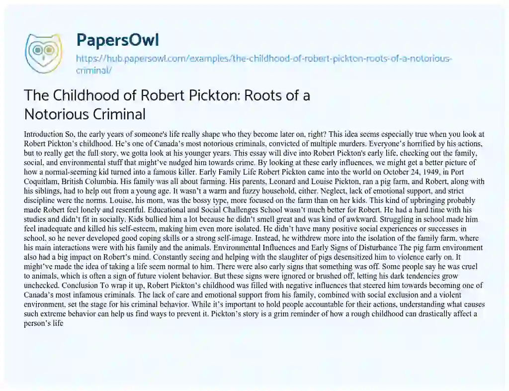Essay on The Childhood of Robert Pickton: Roots of a Notorious Criminal