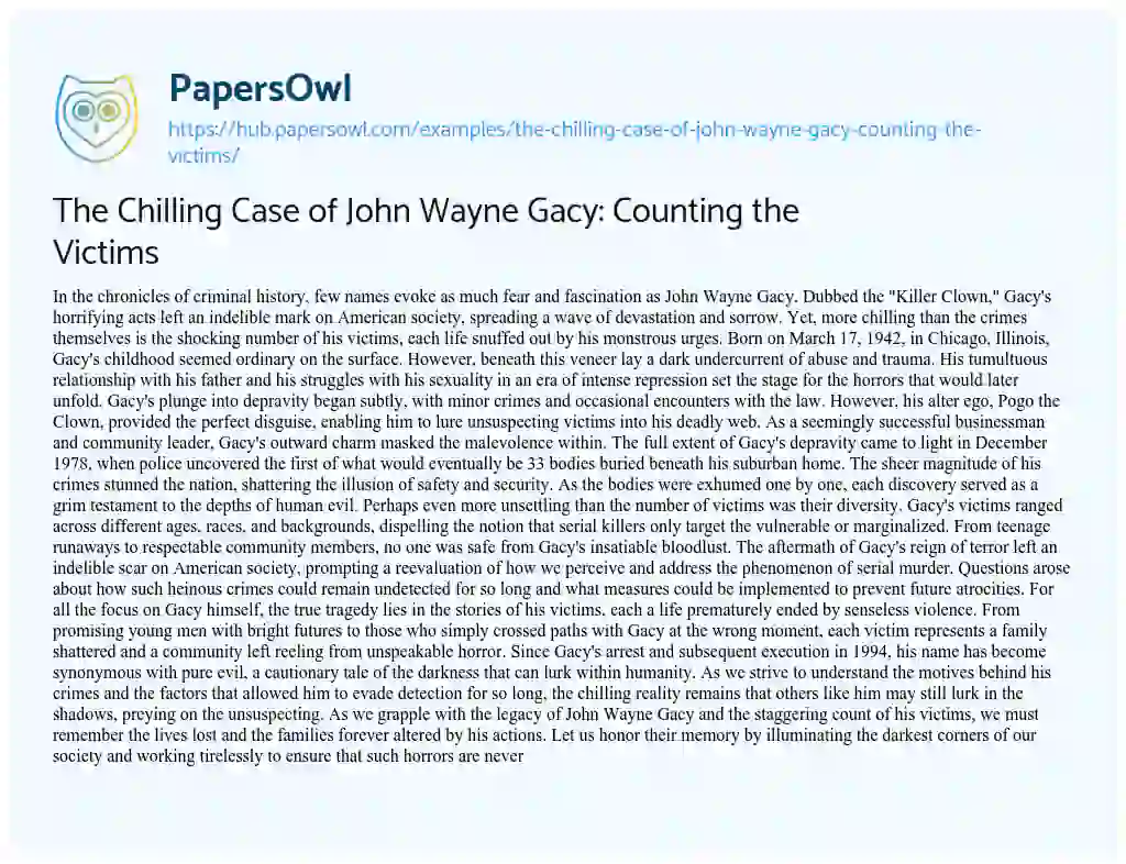 Essay on The Chilling Case of John Wayne Gacy: Counting the Victims