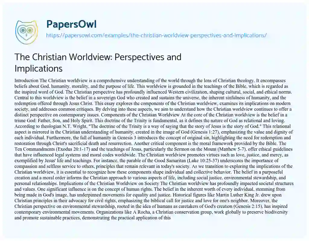 Essay on The Christian Worldview: Perspectives and Implications