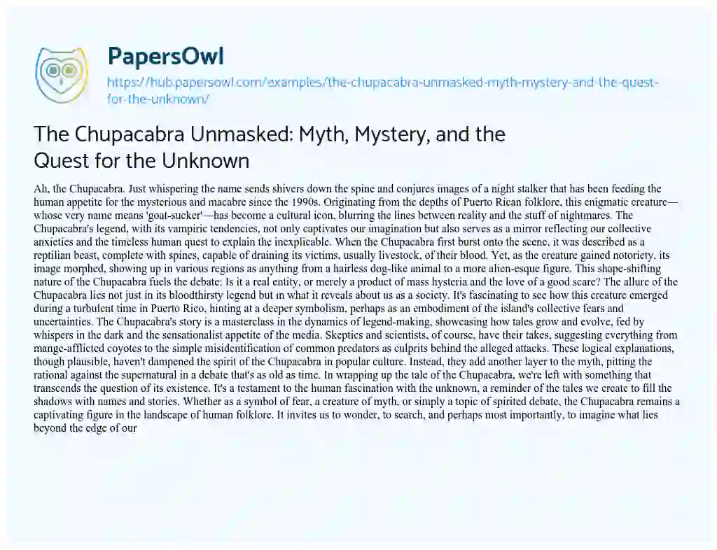 Essay on The Chupacabra Unmasked: Myth, Mystery, and the Quest for the Unknown