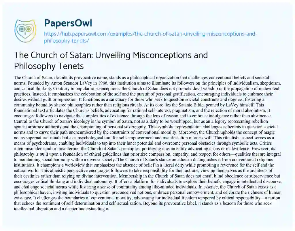 Essay on The Church of Satan: Unveiling Misconceptions and Philosophy Tenets