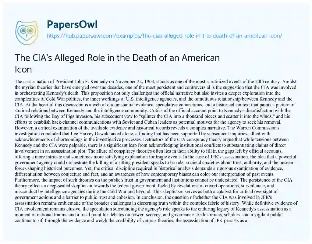 Essay on The CIA’s Alleged Role in the Death of an American Icon