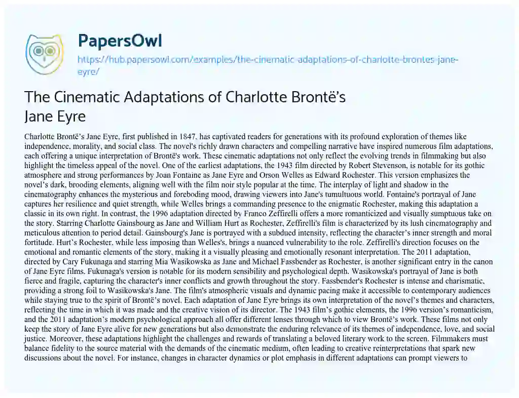 Essay on The Cinematic Adaptations of Charlotte Brontë’s Jane Eyre