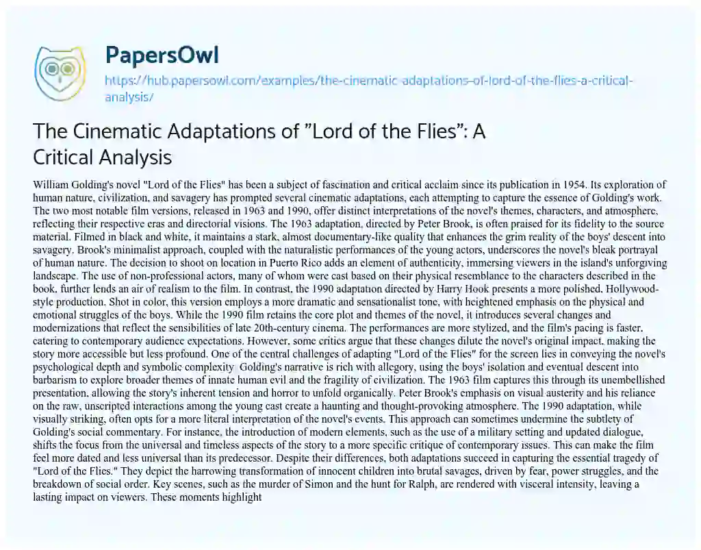 Essay on The Cinematic Adaptations of “Lord of the Flies”: A Critical Analysis