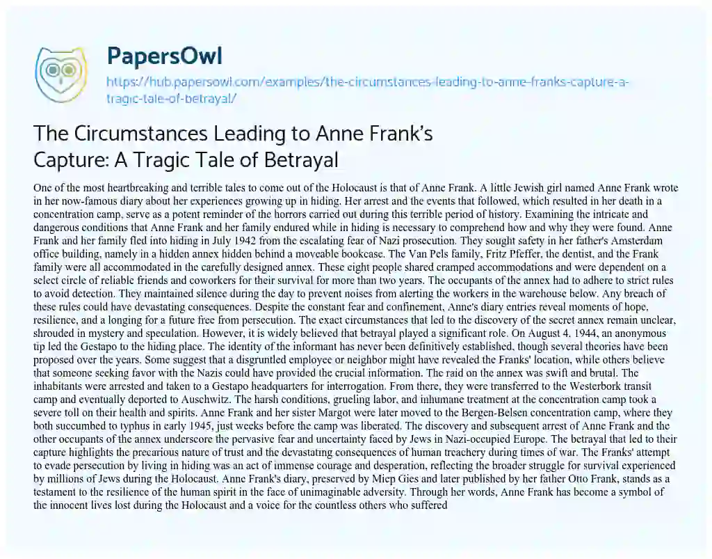 Essay on The Circumstances Leading to Anne Frank’s Capture: A Tragic Tale of Betrayal