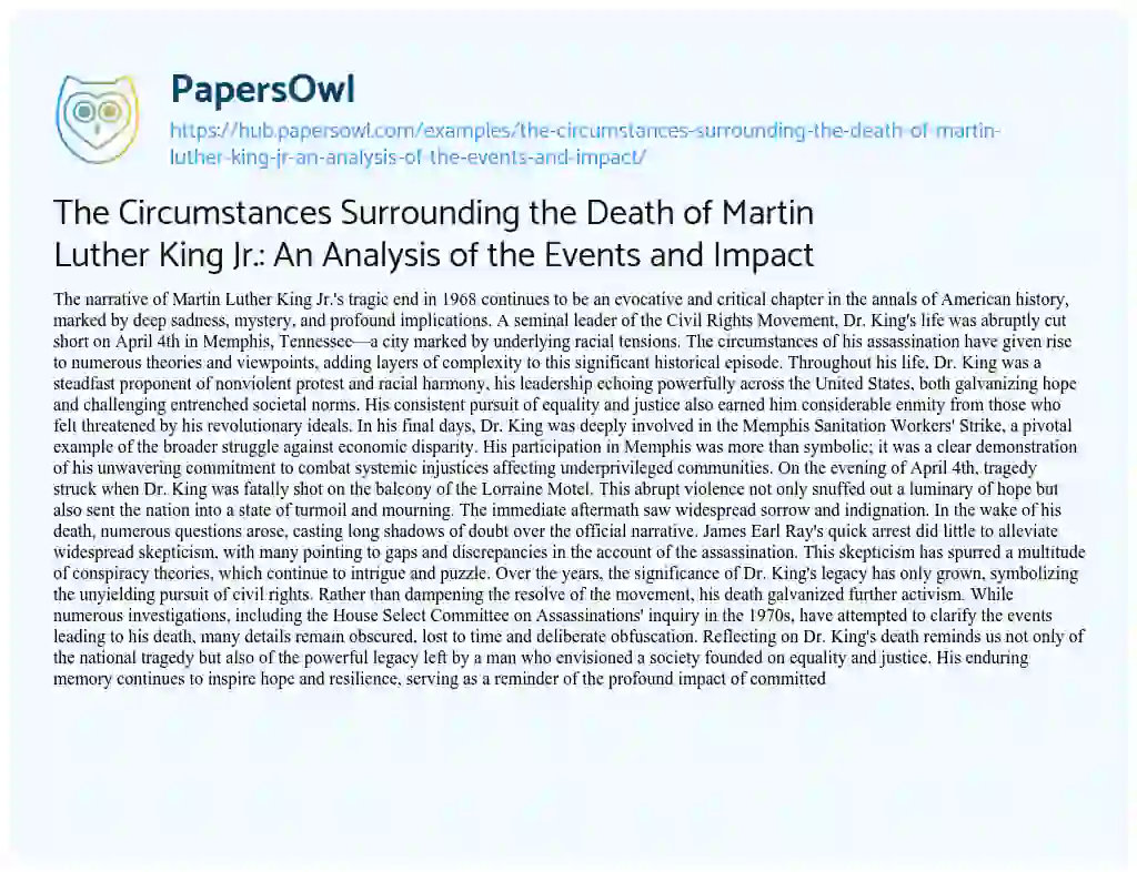 Essay on The Circumstances Surrounding the Death of Martin Luther King Jr.: An Analysis of the Events and Impact