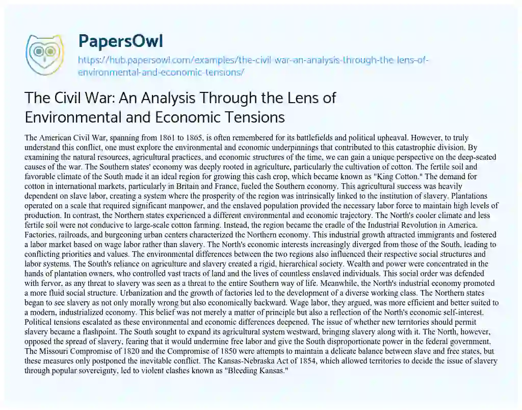 Essay on The Civil War: An Analysis Through the Lens of Environmental and Economic Tensions