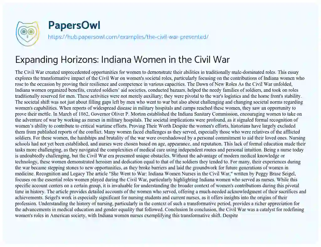 Essay on Expanding Horizons: Indiana Women in the Civil War