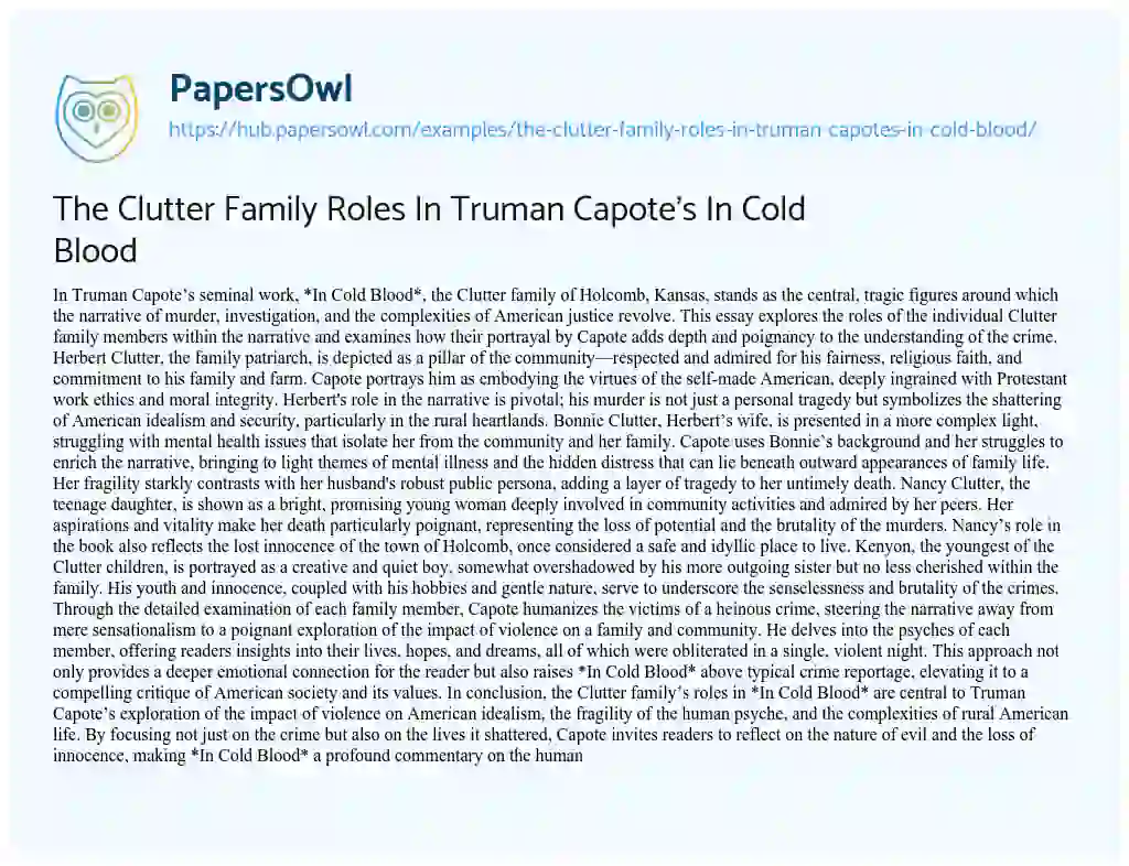 Essay on The Clutter Family Roles In Truman Capote’s In Cold Blood