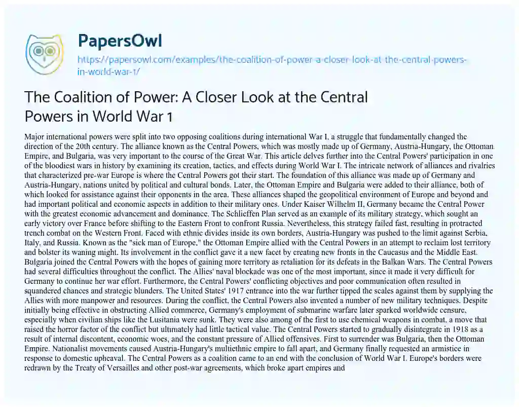 Essay on The Coalition of Power: A Closer Look at the Central Powers in World War 1