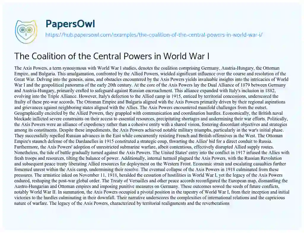 Essay on The Coalition of the Central Powers in World War I