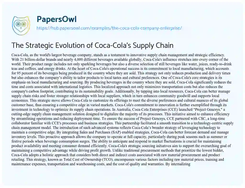Essay on The Strategic Evolution of Coca-Cola’s Supply Chain