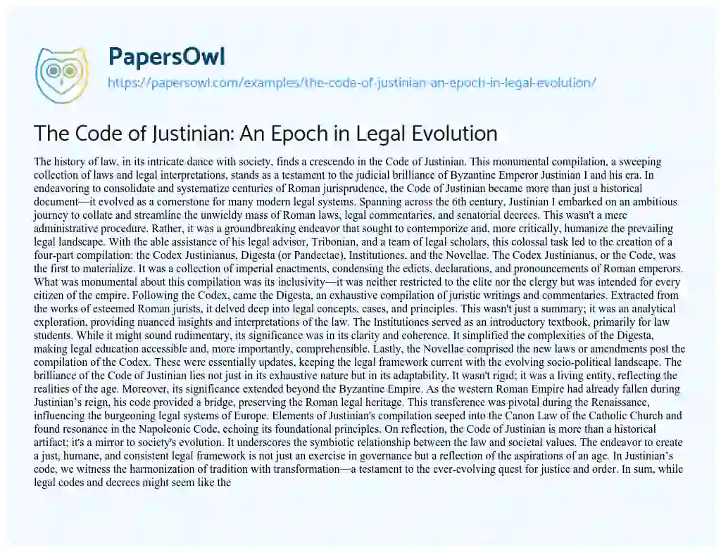 Essay on The Code of Justinian: An Epoch in Legal Evolution