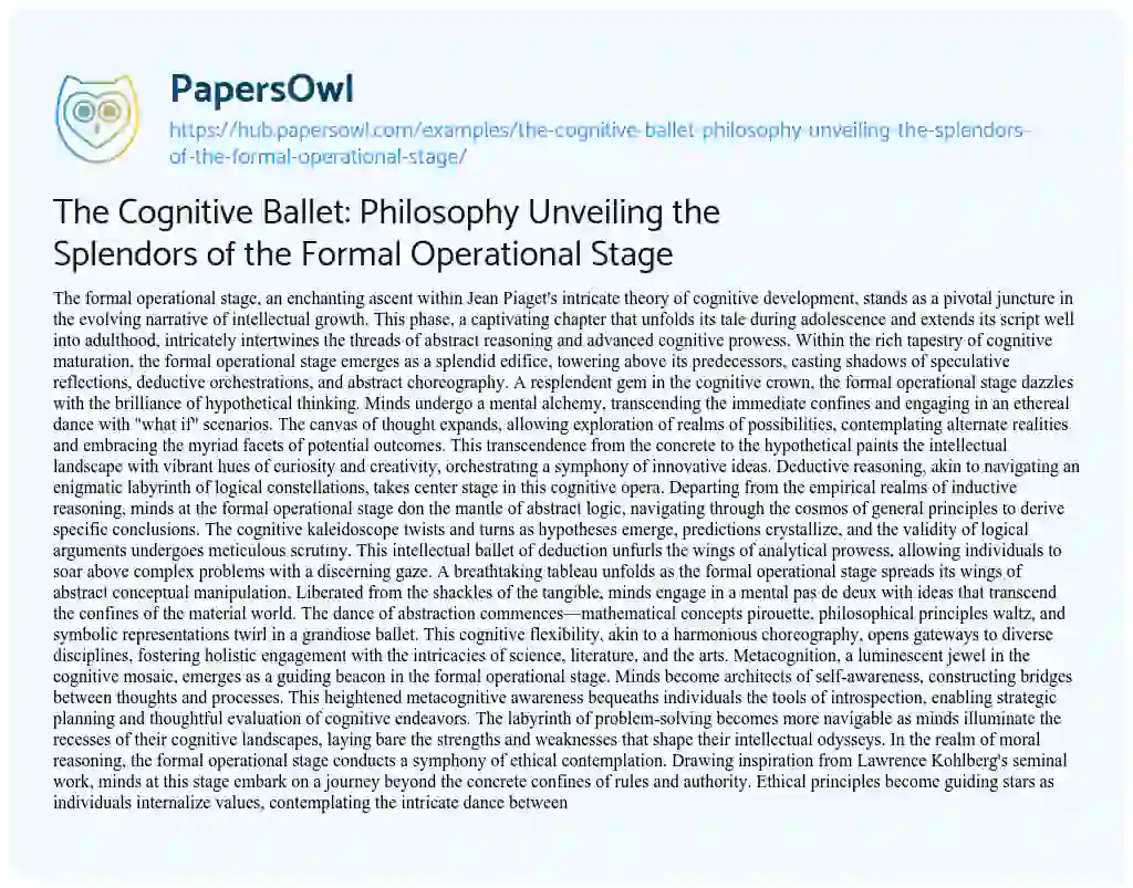 Essay on The Cognitive Ballet: Philosophy Unveiling the Splendors of the Formal Operational Stage
