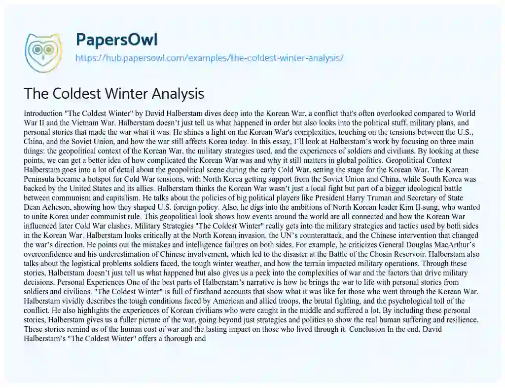 Essay on The Coldest Winter Analysis