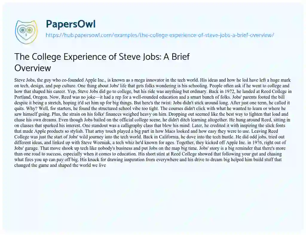 Essay on The College Experience of Steve Jobs: A Brief Overview