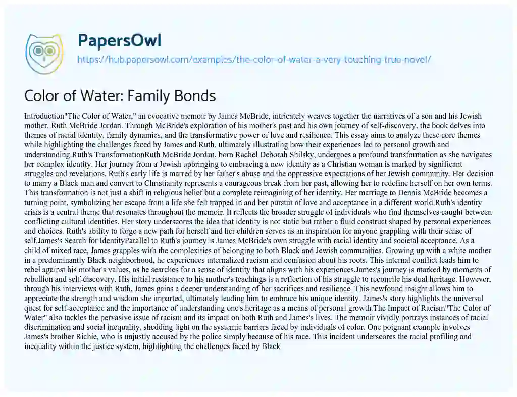 Essay on Color of Water: Family Bonds