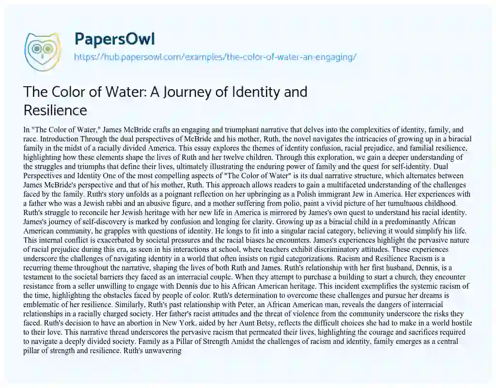 Essay on The Color of Water: A Journey of Identity and Resilience