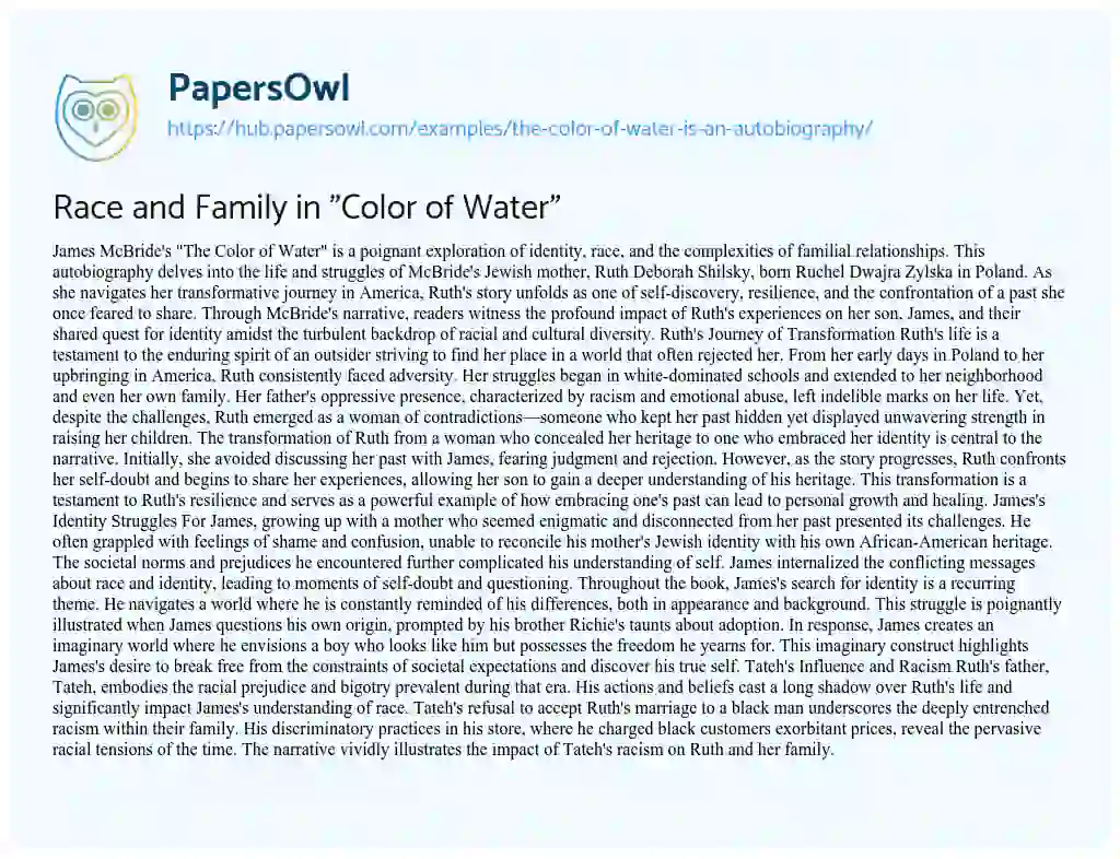 Essay on Race and Family in “Color of Water”
