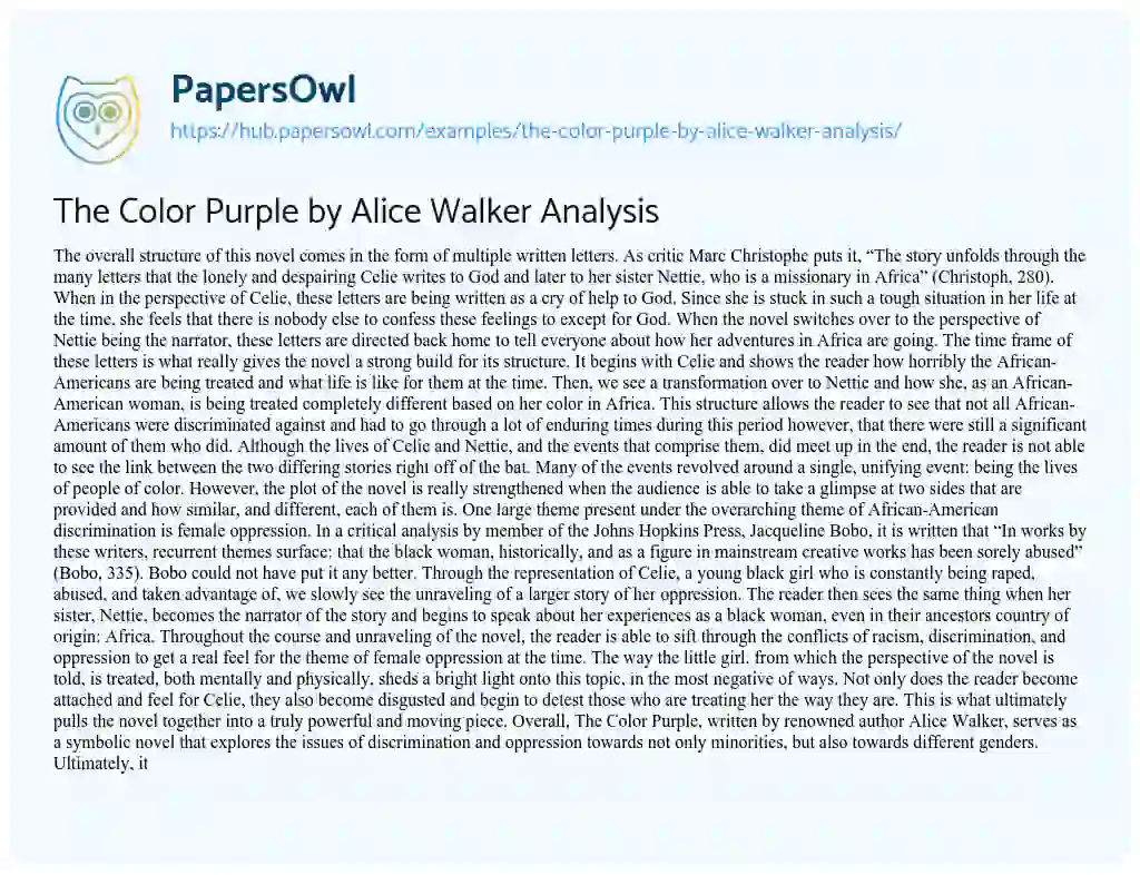 Essay on The Color Purple by Alice Walker Analysis