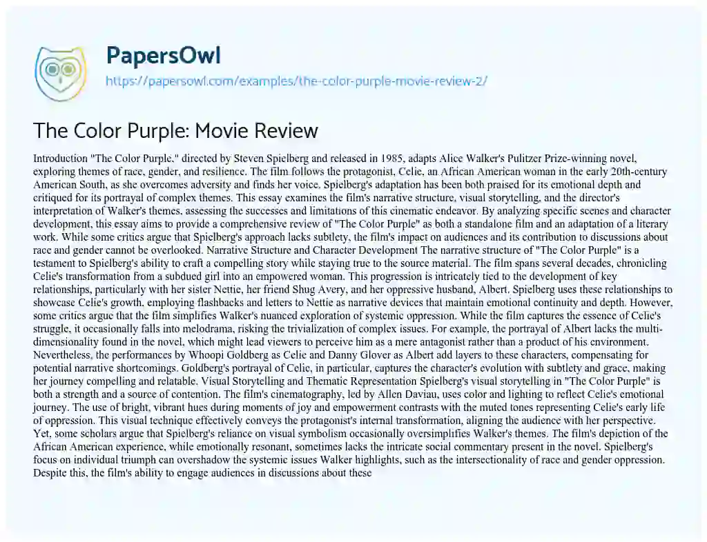Essay on The Color Purple: Movie Review