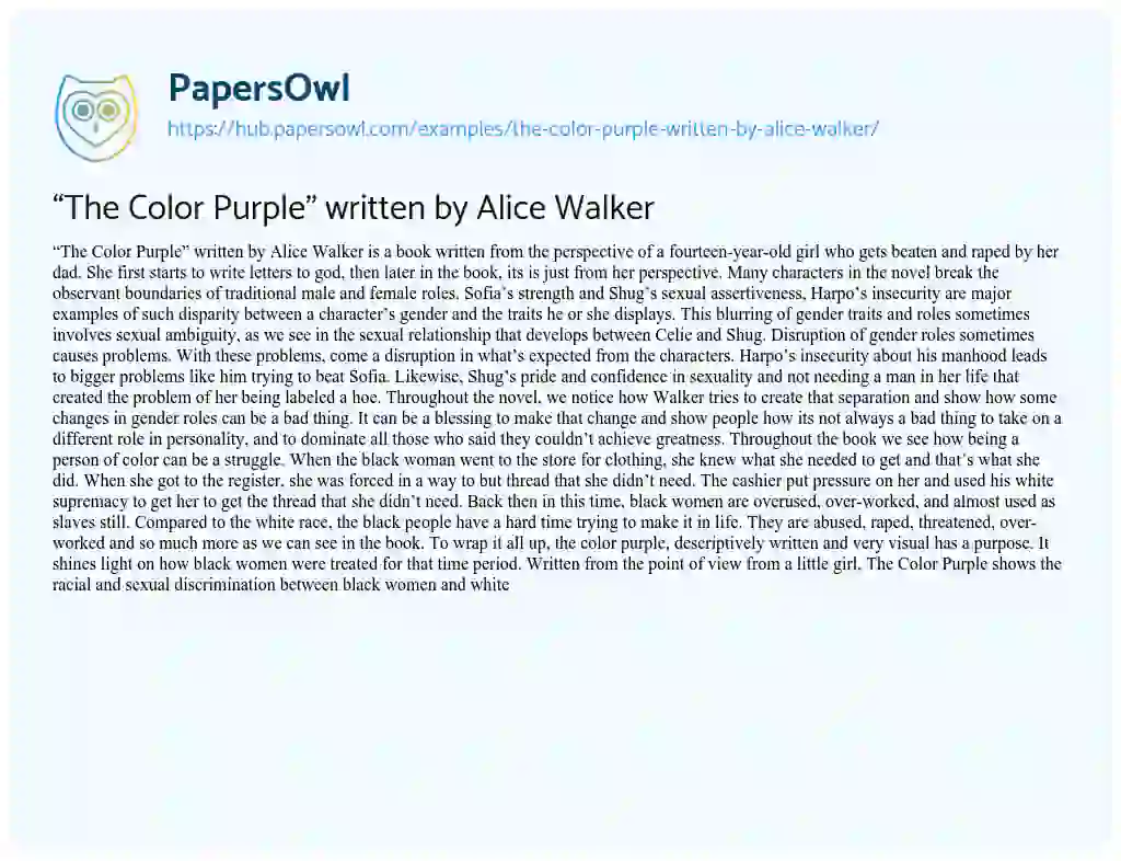 Essay on “The Color Purple” written by Alice Walker