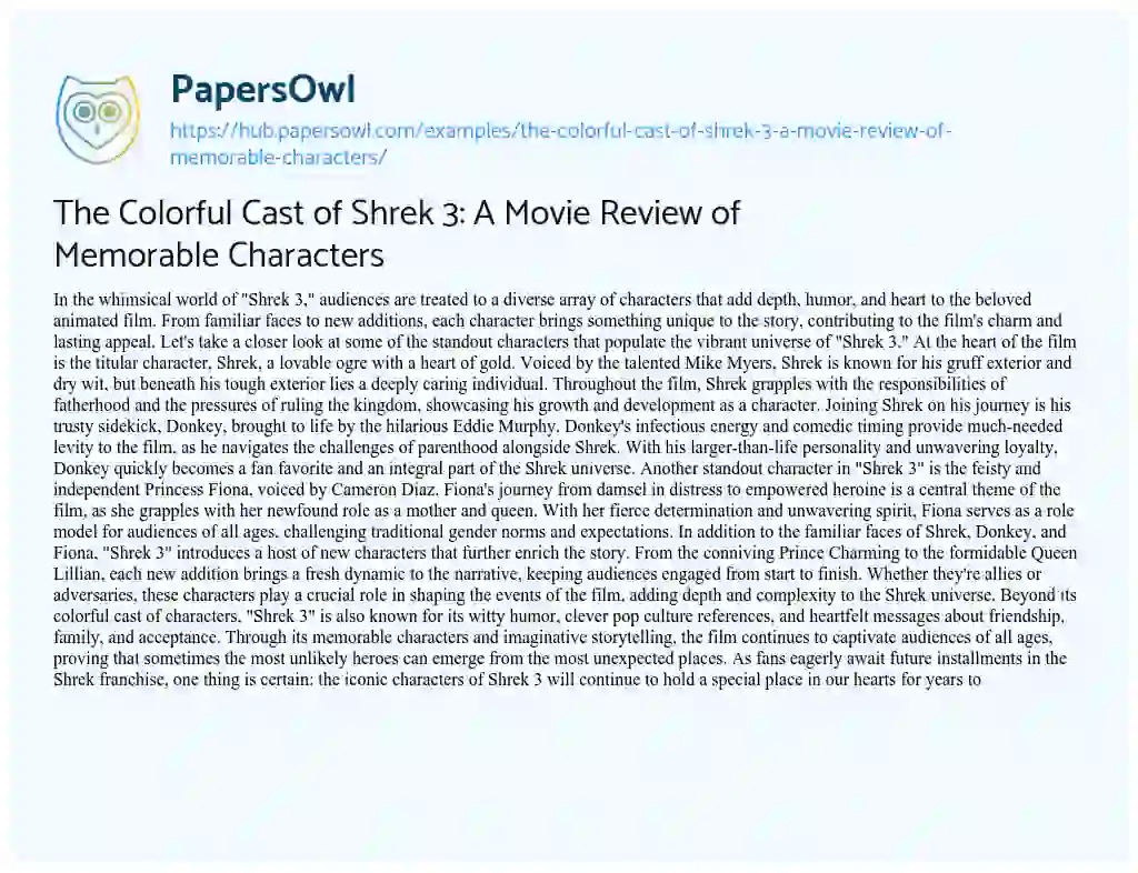 Essay on The Colorful Cast of Shrek 3: A Movie Review of Memorable Characters