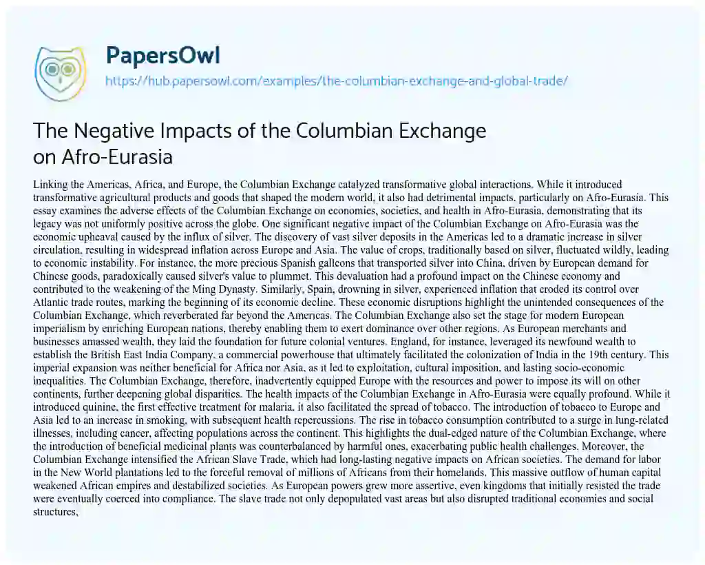 Essay on The Negative Impacts of the Columbian Exchange on Afro-Eurasia